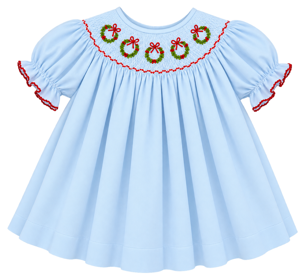 Christmas Wreath Smocked Bishop Dress