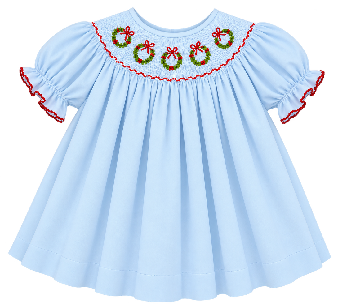 Christmas Wreath Smocked Bishop Dress
