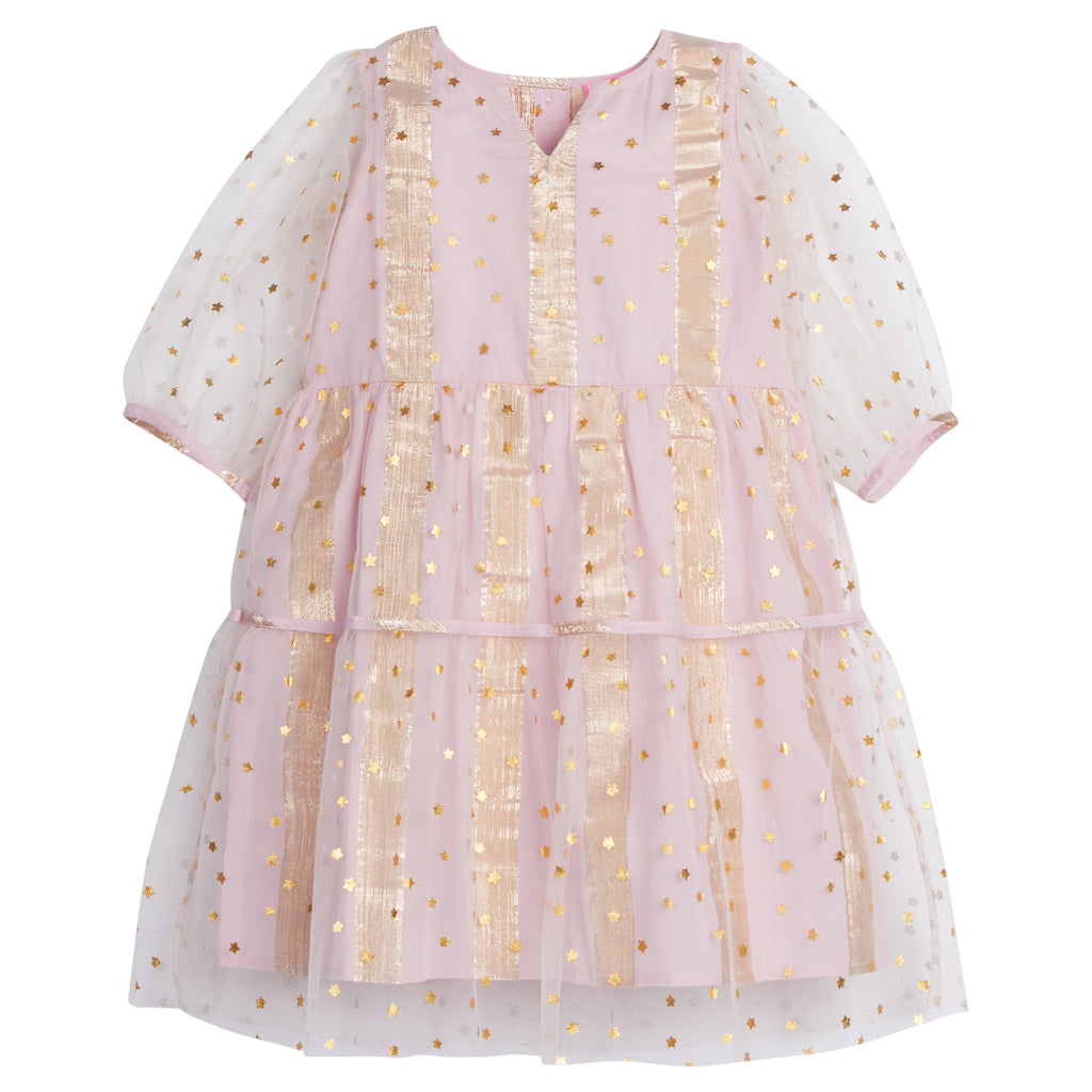 Madaket Dress Pink Metallic Stripe and Stars