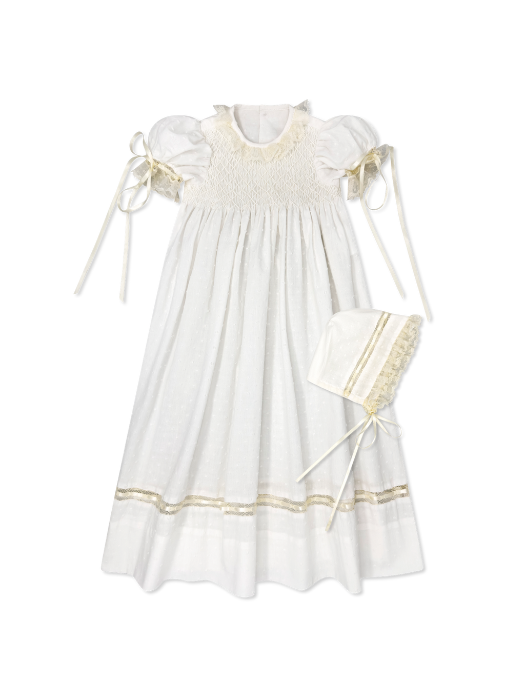 Margaret Daygown Set White Batiste with Ecru Lace and Satin Ribbon Detail Matching Bonnet