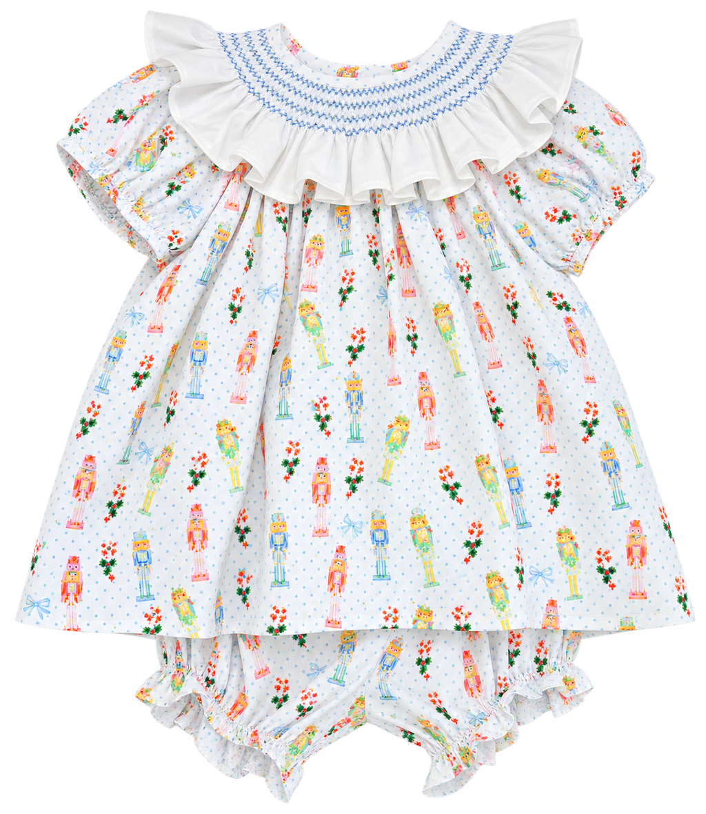 Nutcracker Print Bloomer Set with Smocked Ruffle Collar