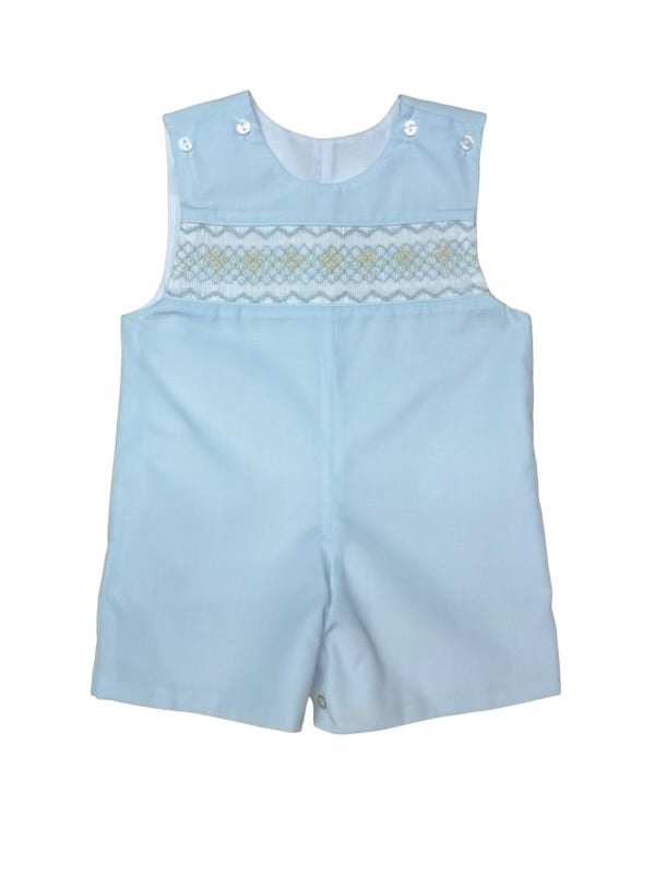 Pete Blue Smocked Shortall Mint, Yellow, Blue Geometric