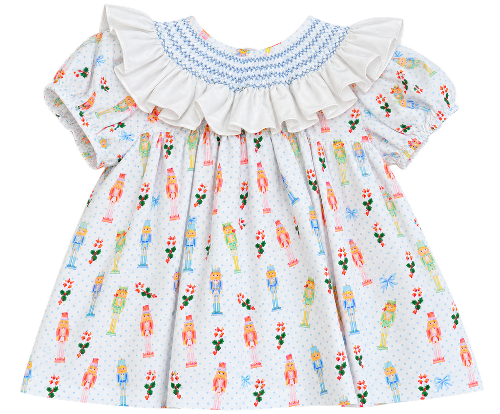 Nutcracker Print Dress with Smocked Ruffle Collar