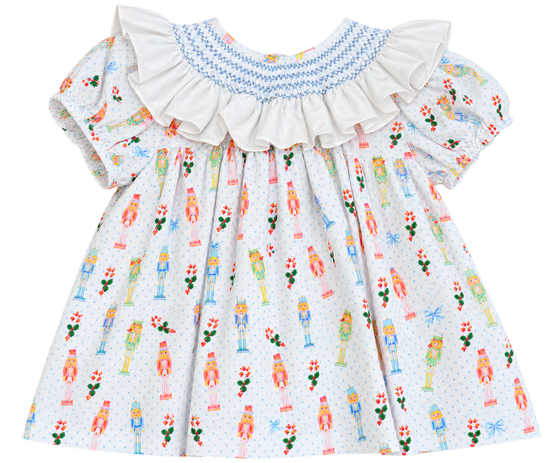 Nutcracker Print Dress with Smocked Ruffle Collar