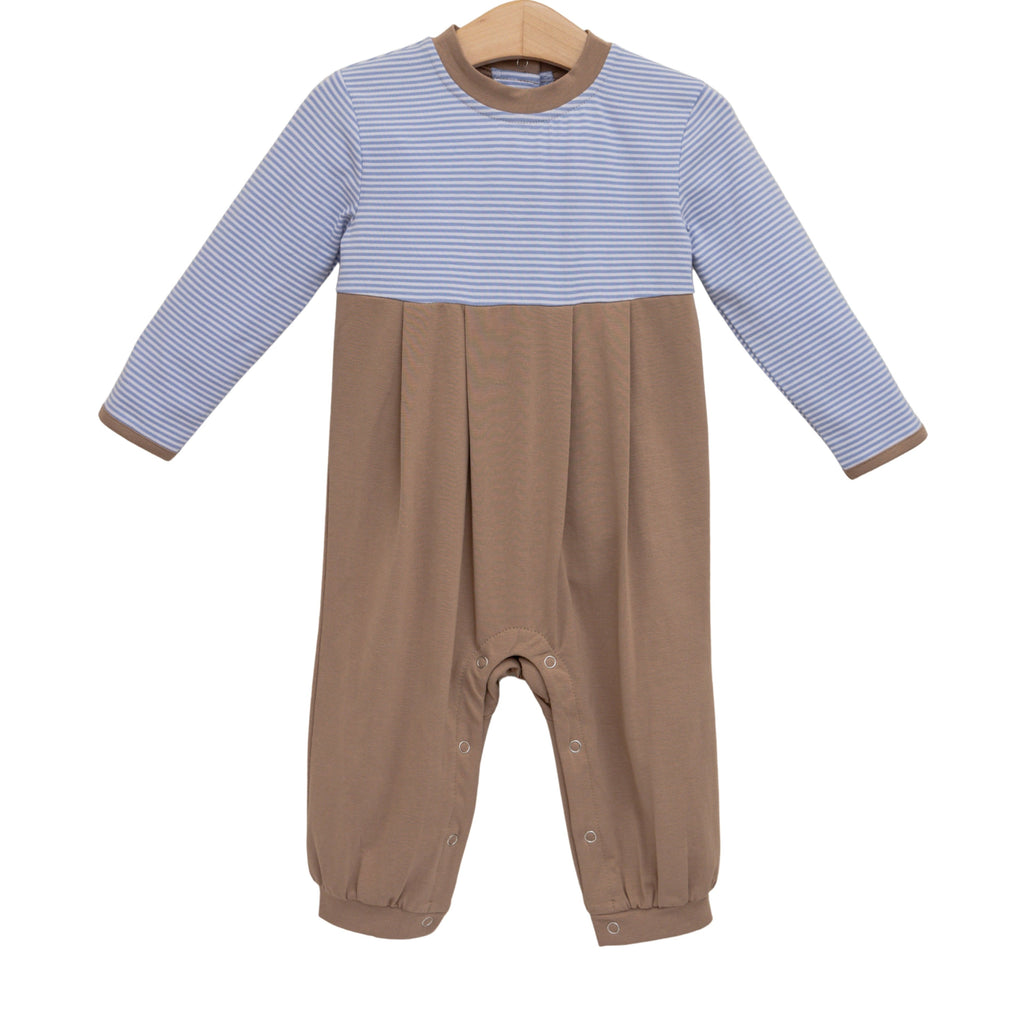Preston Romper Dusty Blue Stripe/Brown PRE-ORDER