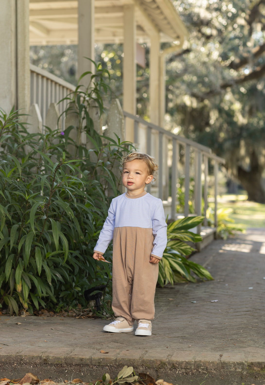 Preston Romper Dusty Blue Stripe/Brown PRE-ORDER