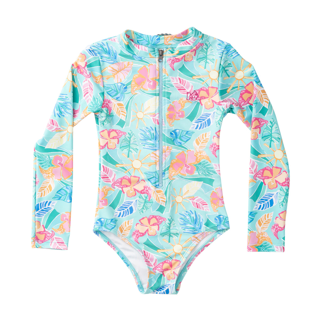 Girls Long Sleeve Surf and Turf Zip Front Swimsuit Palm Paradise