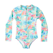 Girls Long Sleeve Surf and Turf Zip Front Swimsuit Palm Paradise