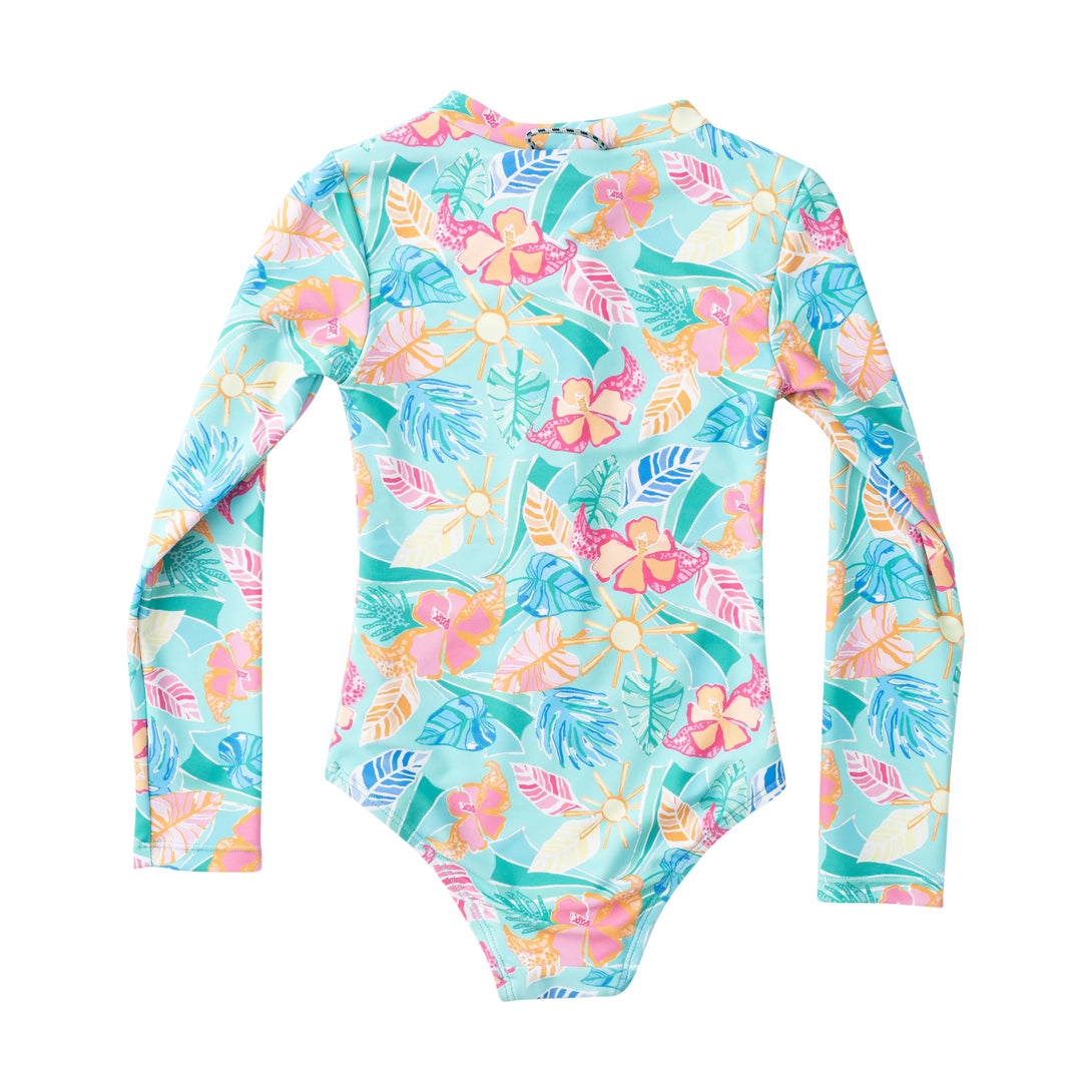 Girls Long Sleeve Surf and Turf Zip Front Swimsuit Palm Paradise