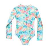 Girls Long Sleeve Surf and Turf Zip Front Swimsuit Palm Paradise