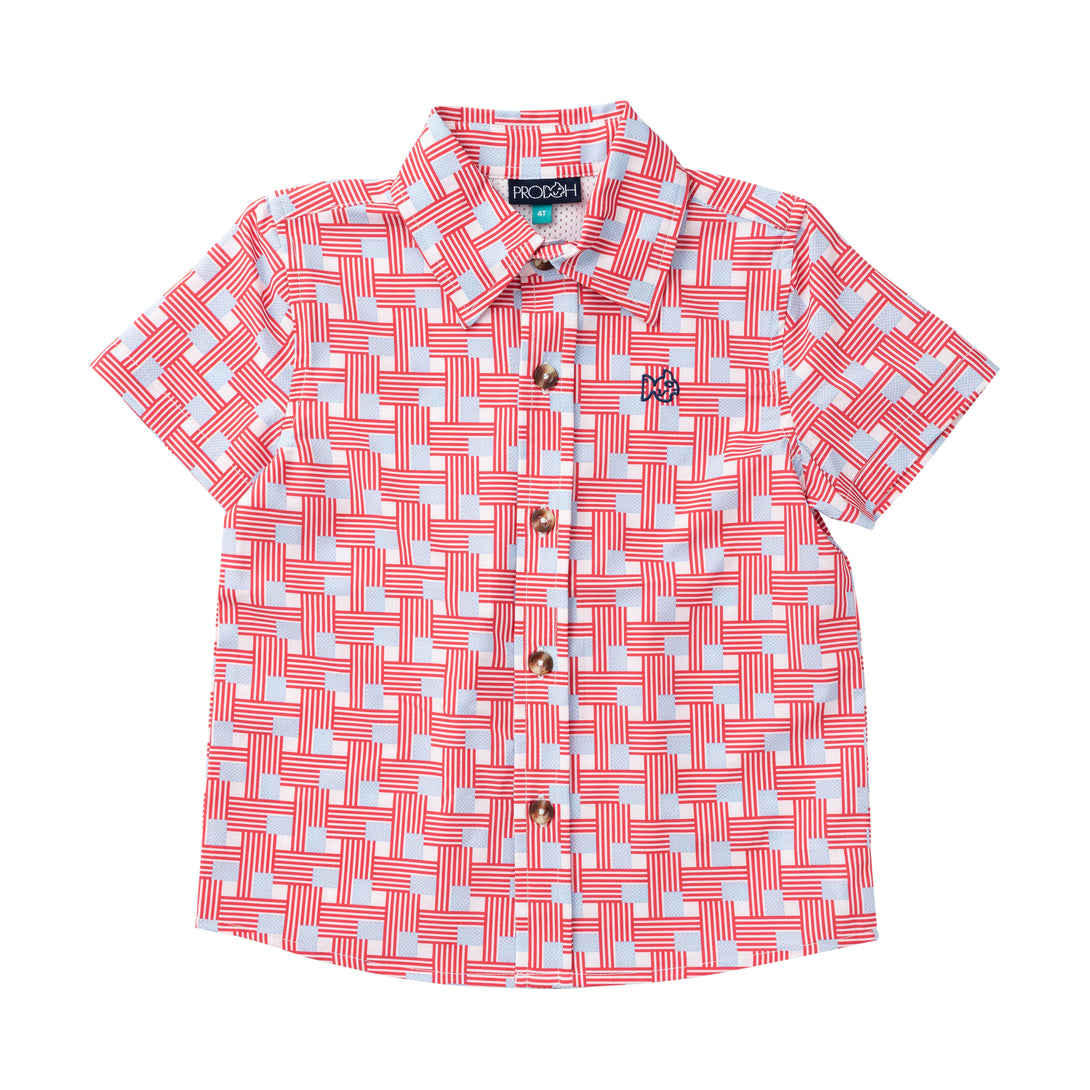 Boys Short Sleeve Button Down Shirt American Flag Plaid