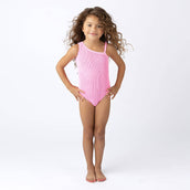 Pink Girls Crinkle Textured One Shoulder One Piece Swimsuit