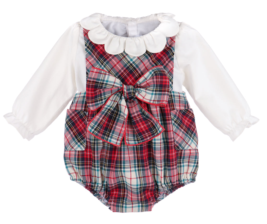Gingerbread Plaid Bow Overall