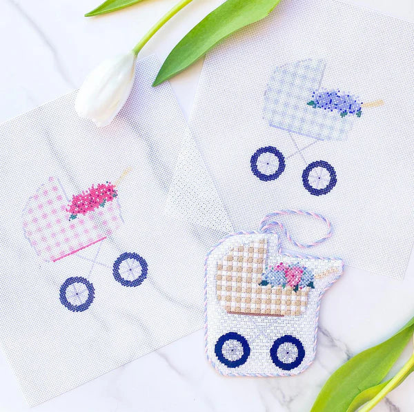 Baby Carriage Needlepoint Canvas Blue Gingham