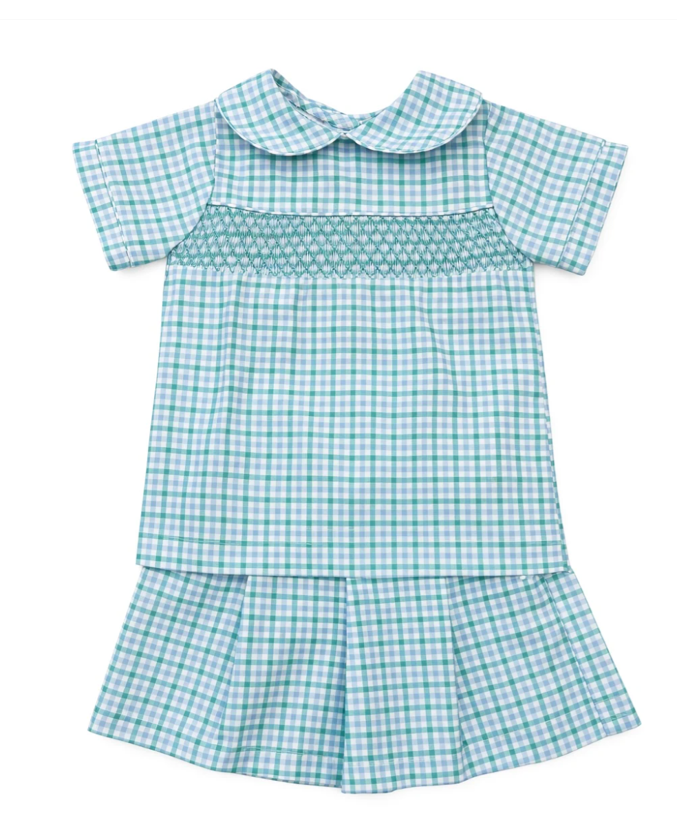 Joseph Blue Green Plaid Smocked Short Set
