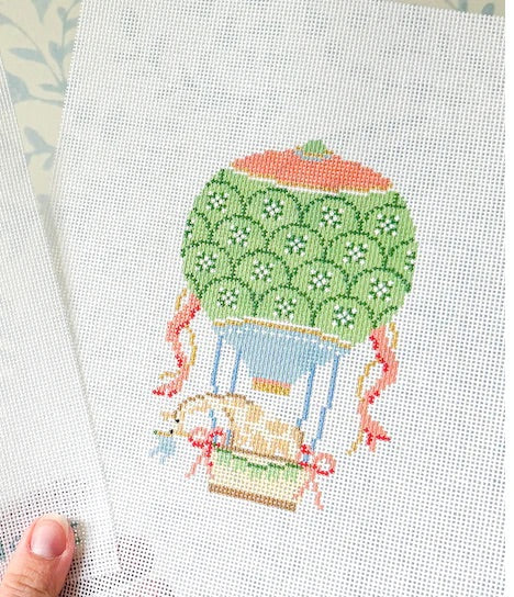 Green and Blue Hot Air Balloon With Giraffe Needlepoint Canvas