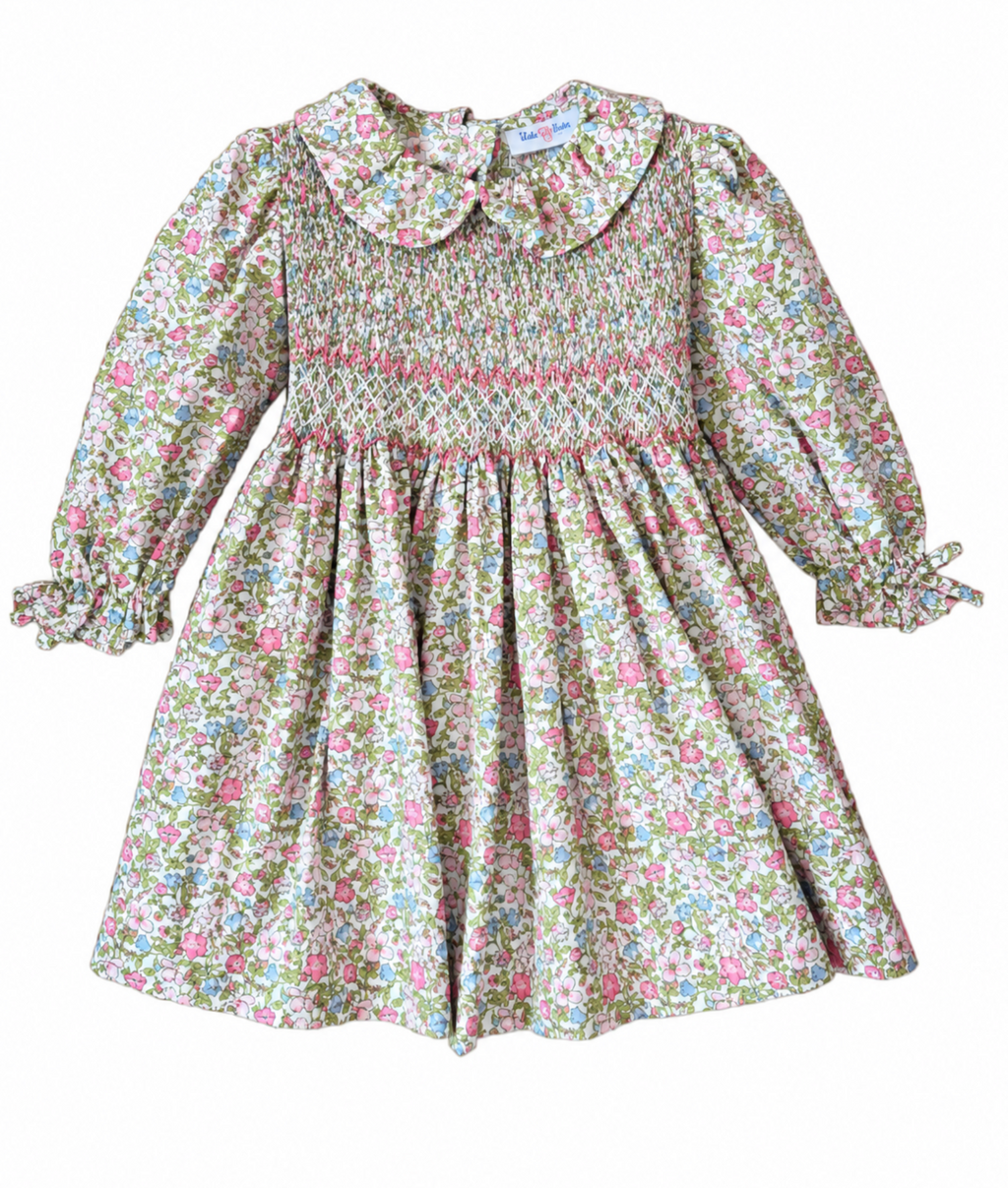 Vintage Pink Floral Long Sleeve Smocked Waist Dress