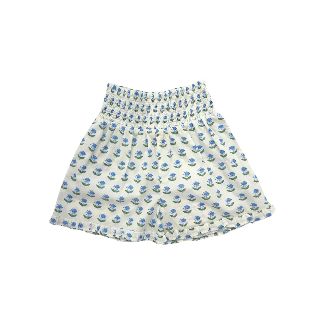 Shirred Ruffle Shorts Blue Tulip Block Print