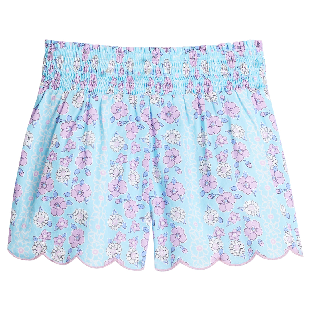 Shirred Scallop Shorts in Marguerite Floral Aqua