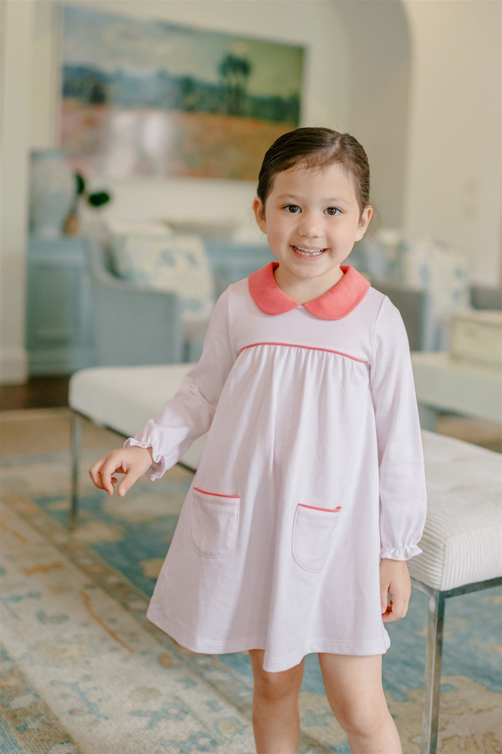 Long Sleeve Light Pink Stripe Yoke Dress