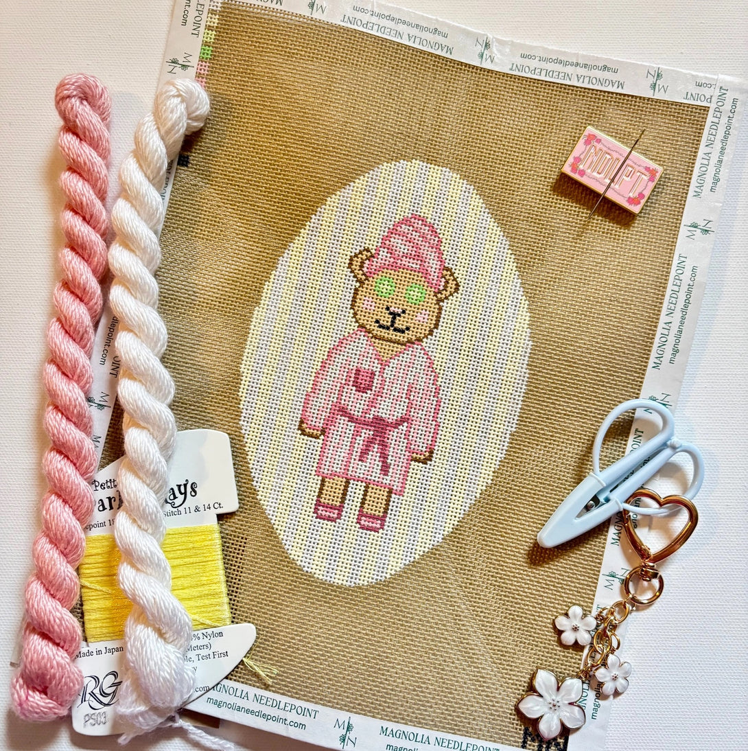 Spa Bear Pink Robe on Yellow Stripes Needlepoint Canvas