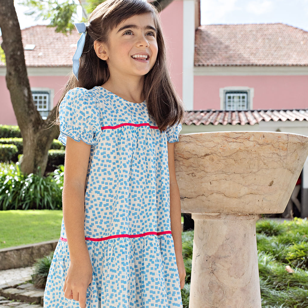 Girls Fiona Dress - Blue Mini Squares