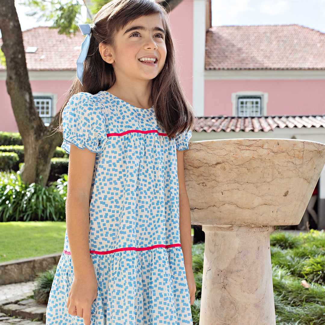 Girls Fiona Dress - Blue Mini Squares