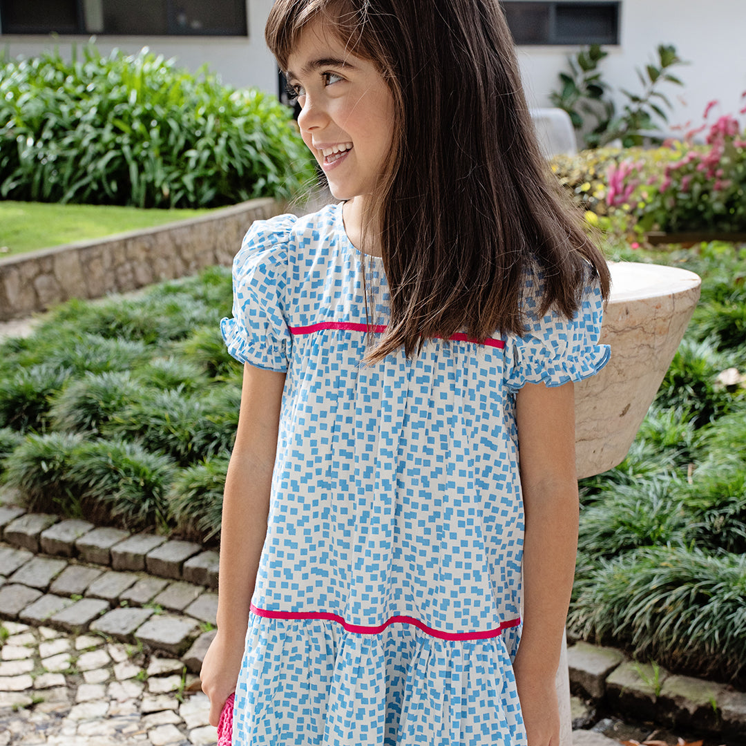 Girls Fiona Dress - Blue Mini Squares