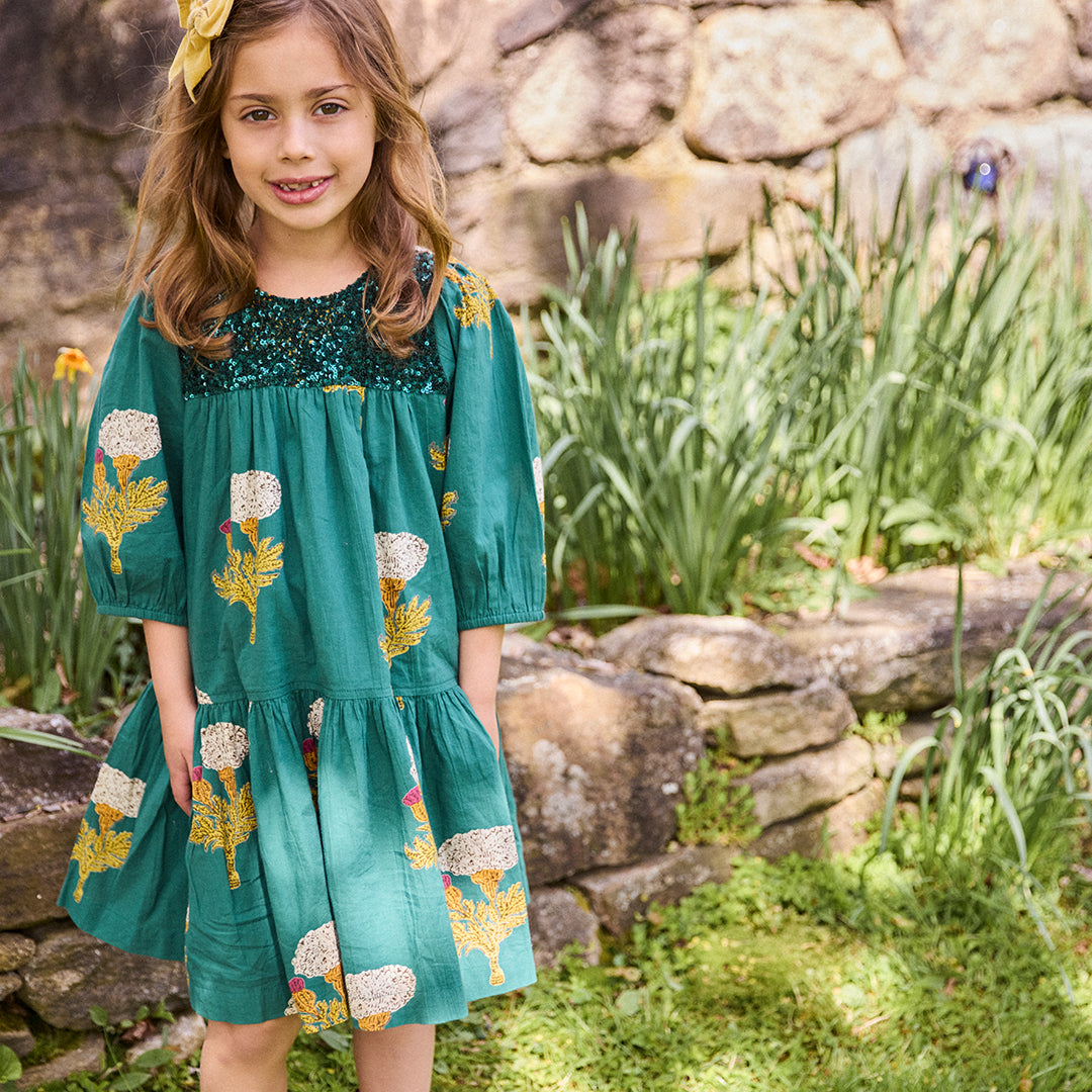 Girls Fiona Dress - Emerald Marigold