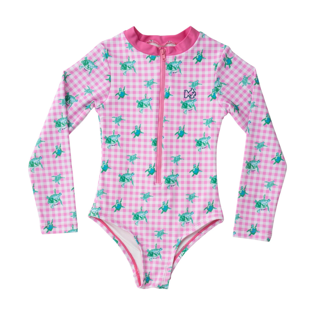 Girls' Surf and Turf Swimsuit in Fuchsia Pink Gingham Turtle PRE-ORDER