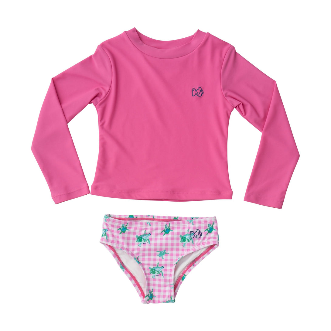 Girls' Reef Rashguard in Fuchsia Pink Gingham Turtle PRE-ORDER