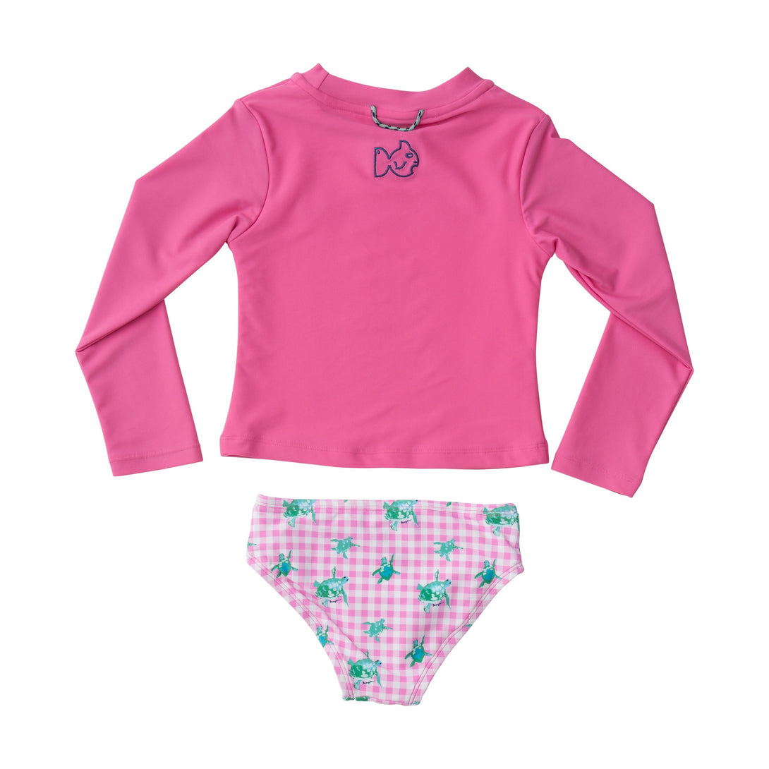 Girls' Reef Rashguard in Fuchsia Pink Gingham Turtle