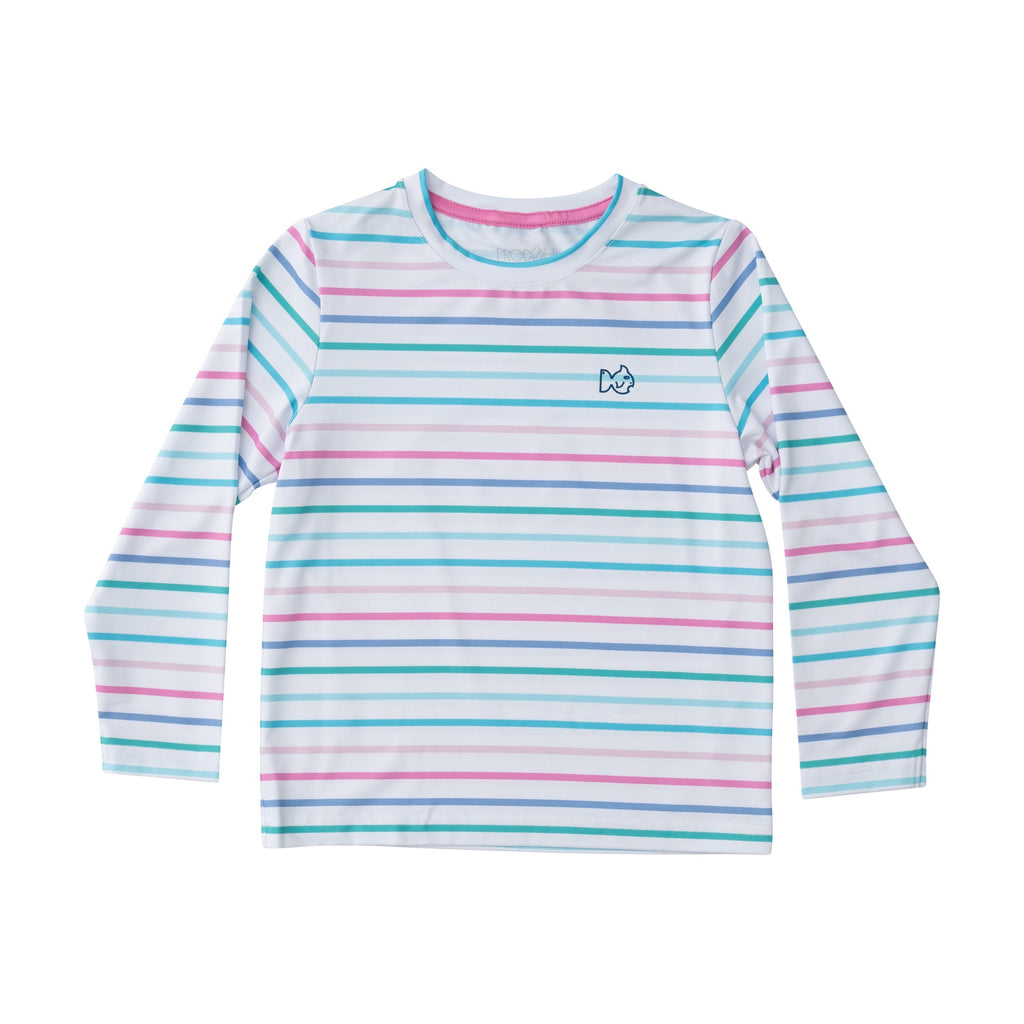 Girls' Long Sleeve Pro Performance Fishing Tee in Fuchsia Pink Multi Stripe