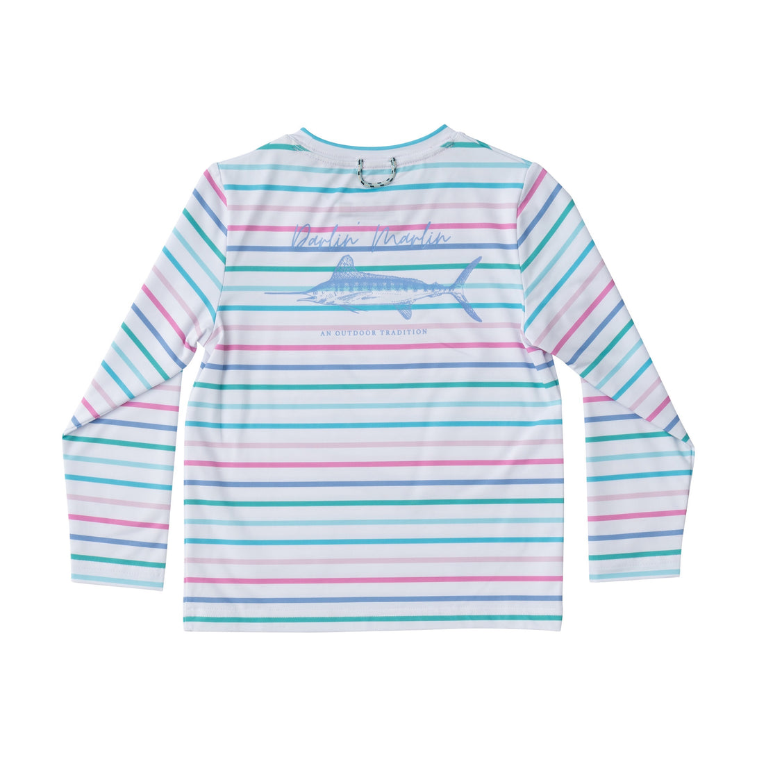 Girls' Long Sleeve Pro Performance Fishing Tee in Fuchsia Pink Multi Stripe