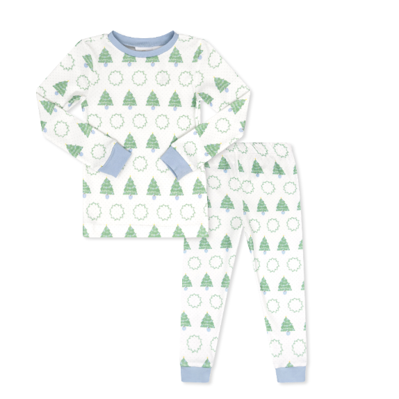 Sweet Pea PJ Set in Oh Christmas Tree, Park Blue