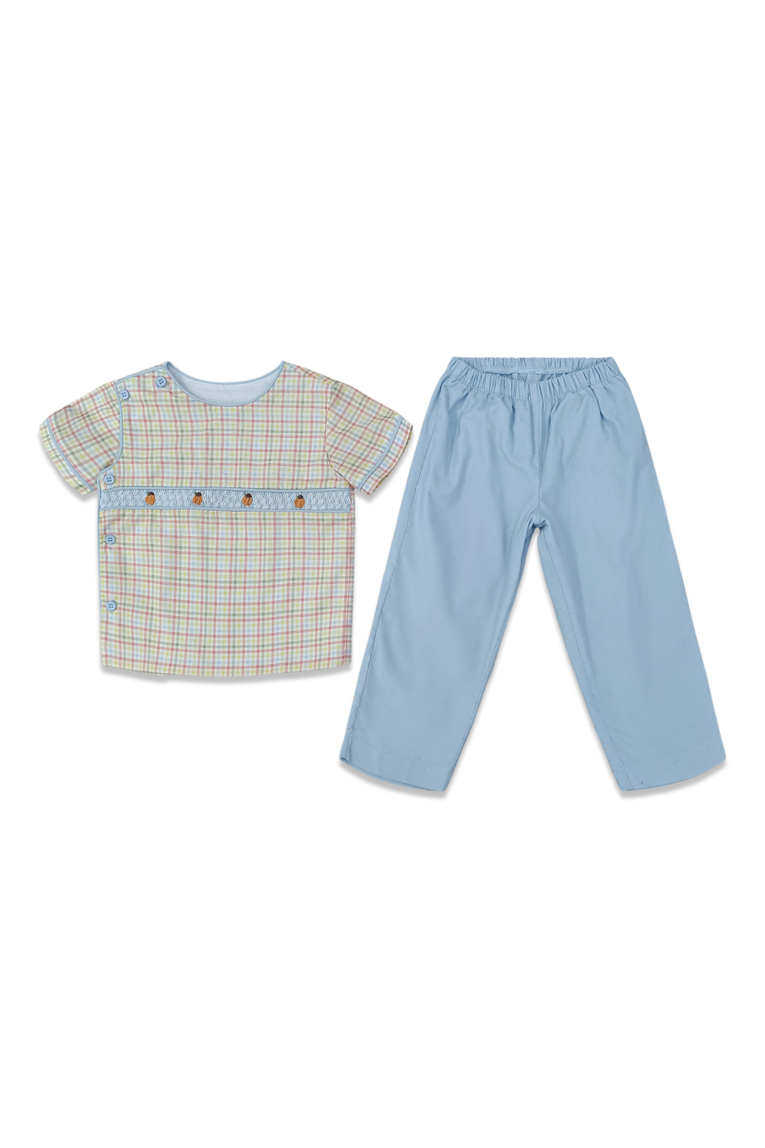 Smocked Beau Pant Set Plaid and Blue Corduroy