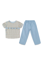 Smocked Beau Pant Set Plaid and Blue Corduroy