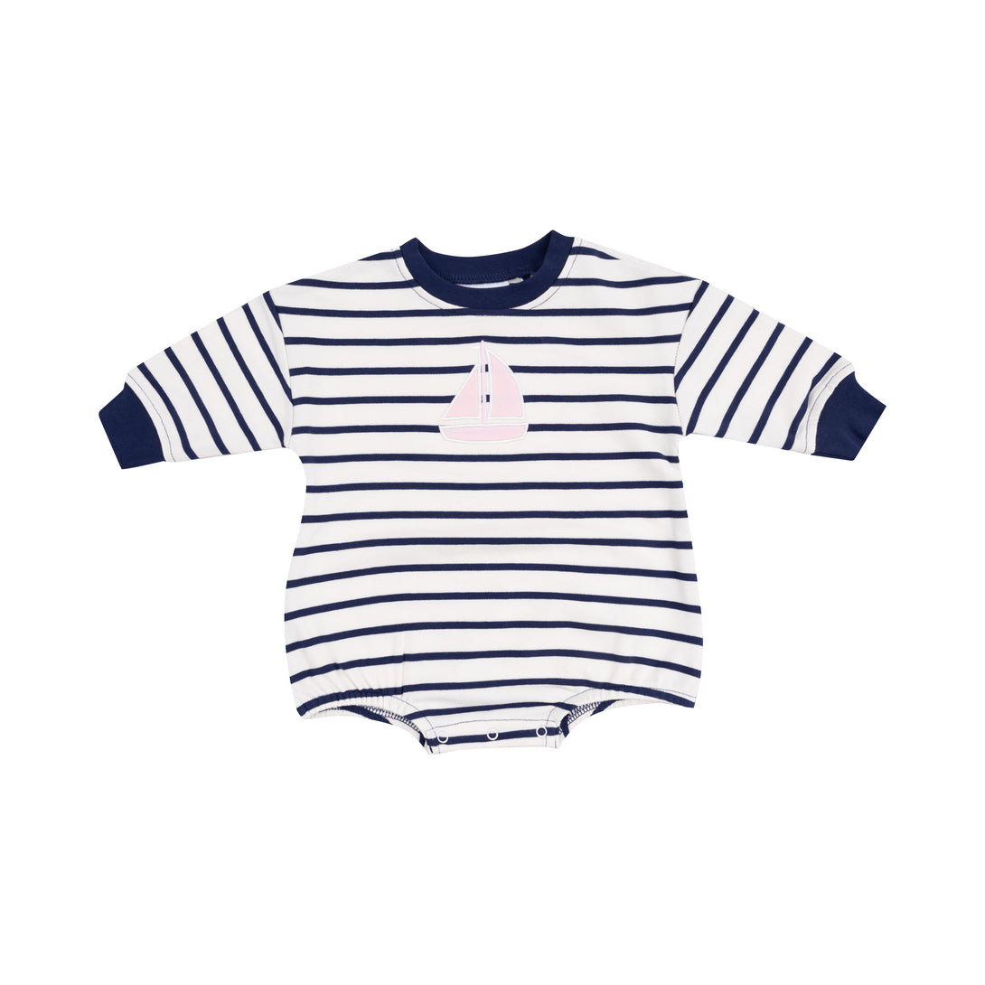 Navy Stripe French Terry Sweatshirt Bubble With Applique Pink