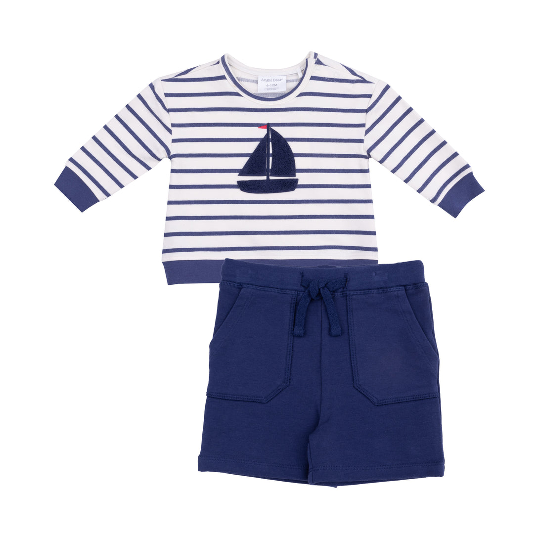 Navy Stripe French Terry Sweat Shirt With Applique And Short PRE-ORDER