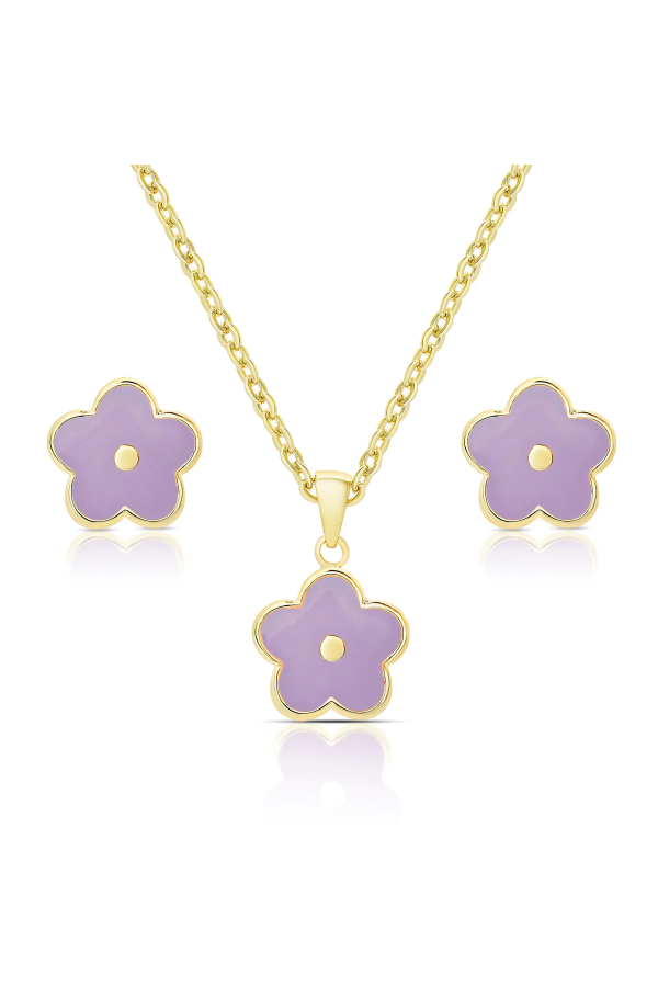 Flower Stud Earrings and Necklace Set - Purple