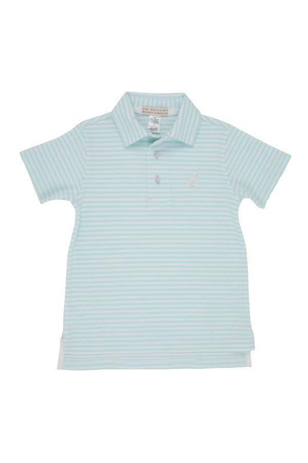 Prim and Proper Polo Short Sleeve in Sea Island Seafoam Stripe with Multicolor Stork