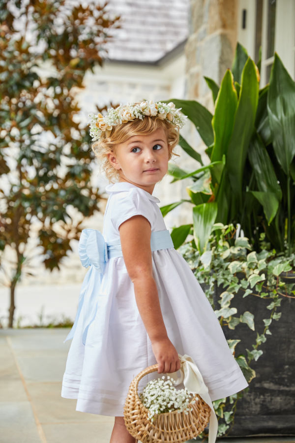 Peter Pan Formal White Dress with Blue Sash