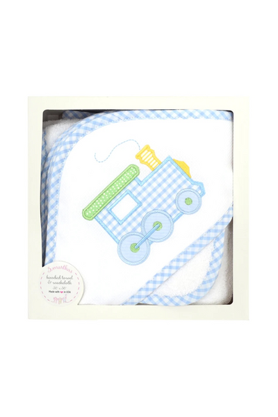 Train Boxed Hooded Towel and Washcloth Set - Baby Blue