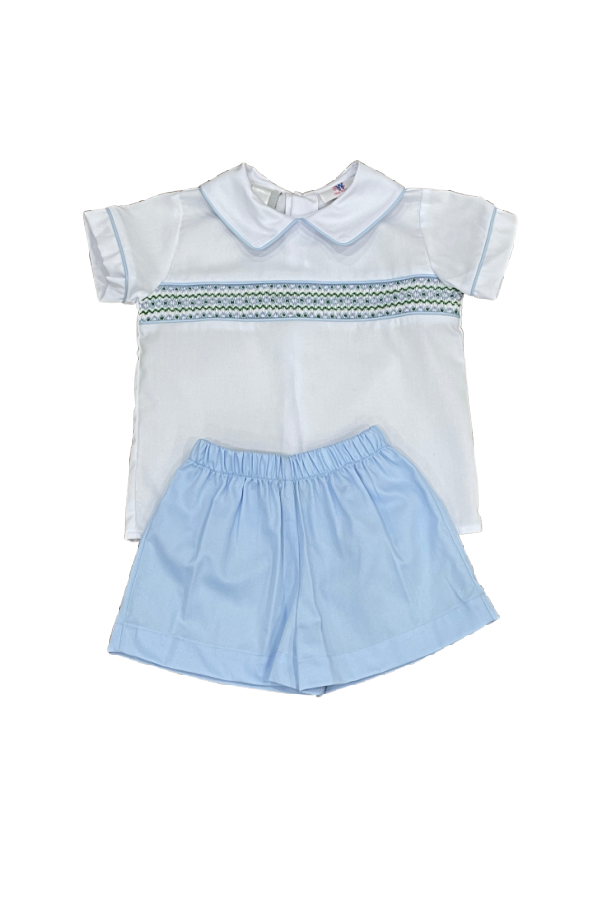 Blue and Green Geometric Smocked Short Set