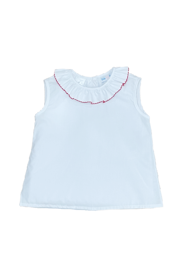 White Sleeveless Ruffle Neck Woven Shirt with Red Trim