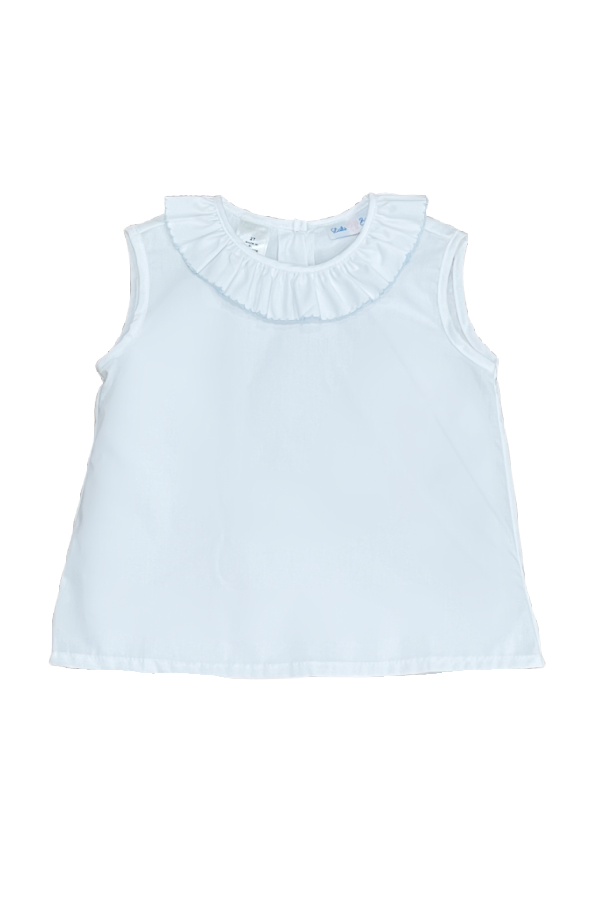 White Sleeveless Ruffle Neck Woven Shirt with Blue Trim