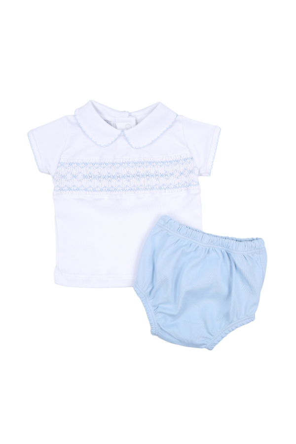 Molly and Brody Smocked Collared Diaper Set - Light Blue
