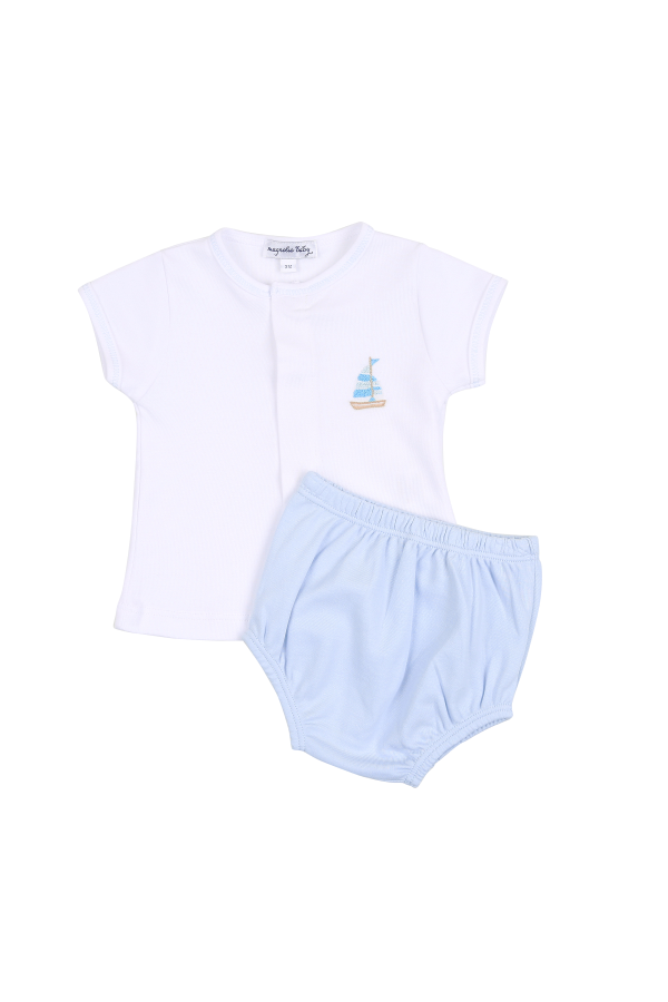 Tiny Sailboat Embroidered Diaper Set - Light Blue