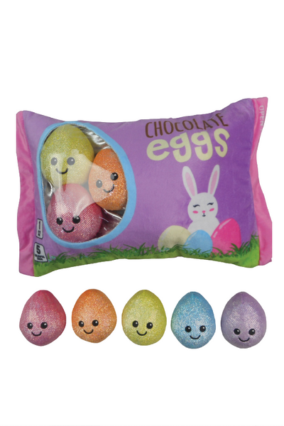 purple plush chocolate egg bag with pink, orange, yellow, blue, purple eggs.