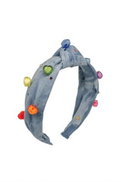 Denim Rainbow Heart Knot Headband with Stones